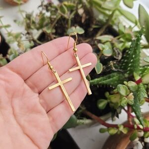 Vintage Pair of Gold Cross Crucifix Hook Dangle Drop Earrings